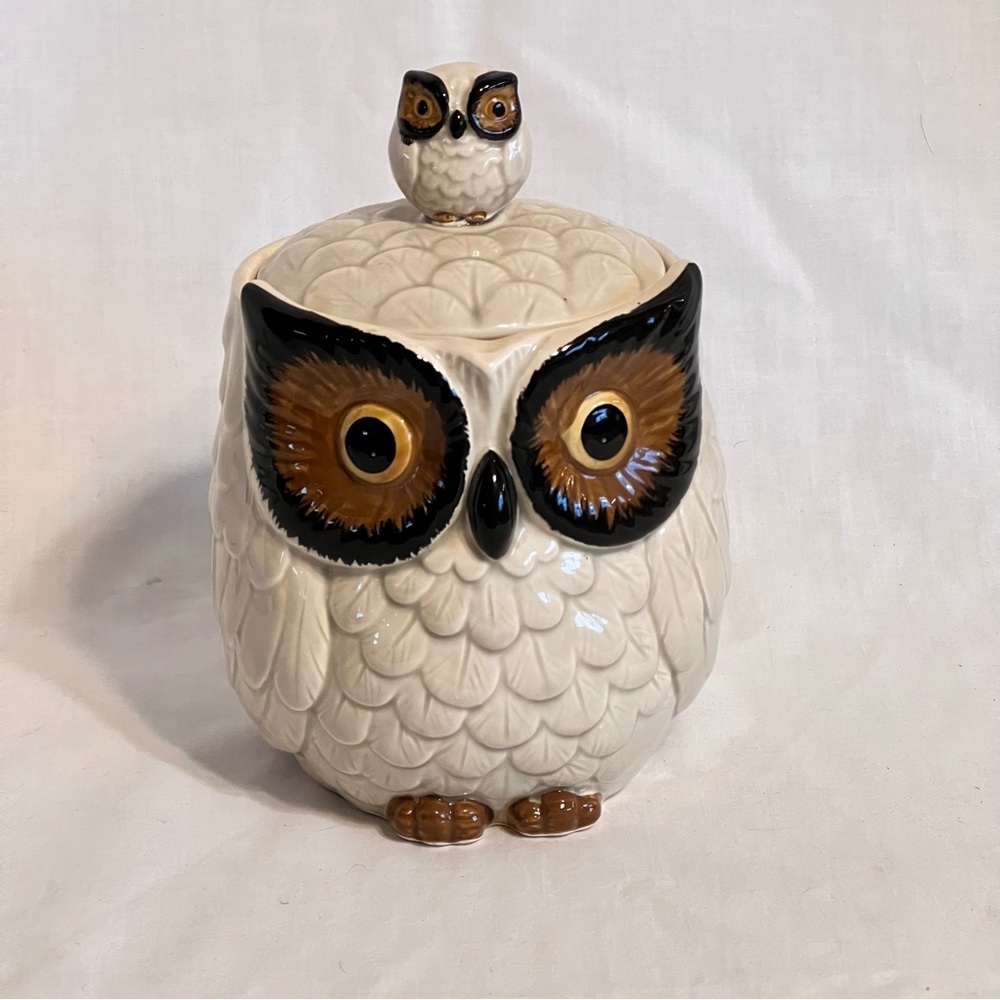 Vintage ceramic owl canister jar off white & brown